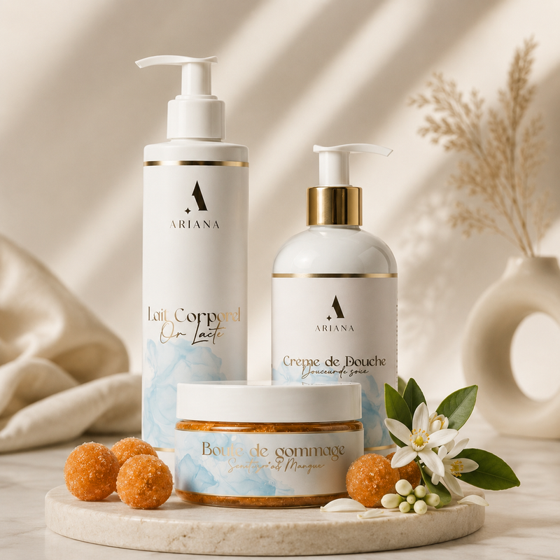 Pack Corps Complet : Lait Or Lacté, Gommage Mangue & Crème Douche Fleur d'Oranger